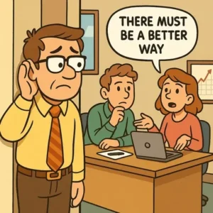 There must be a better way Three concerned office workers at a small business are in a meeting. One man stands by the door, listening, while a woman at the table gestures and says, "There must be a better way—maybe AI workflow automation?" Another man sits beside her, looking thoughtful.