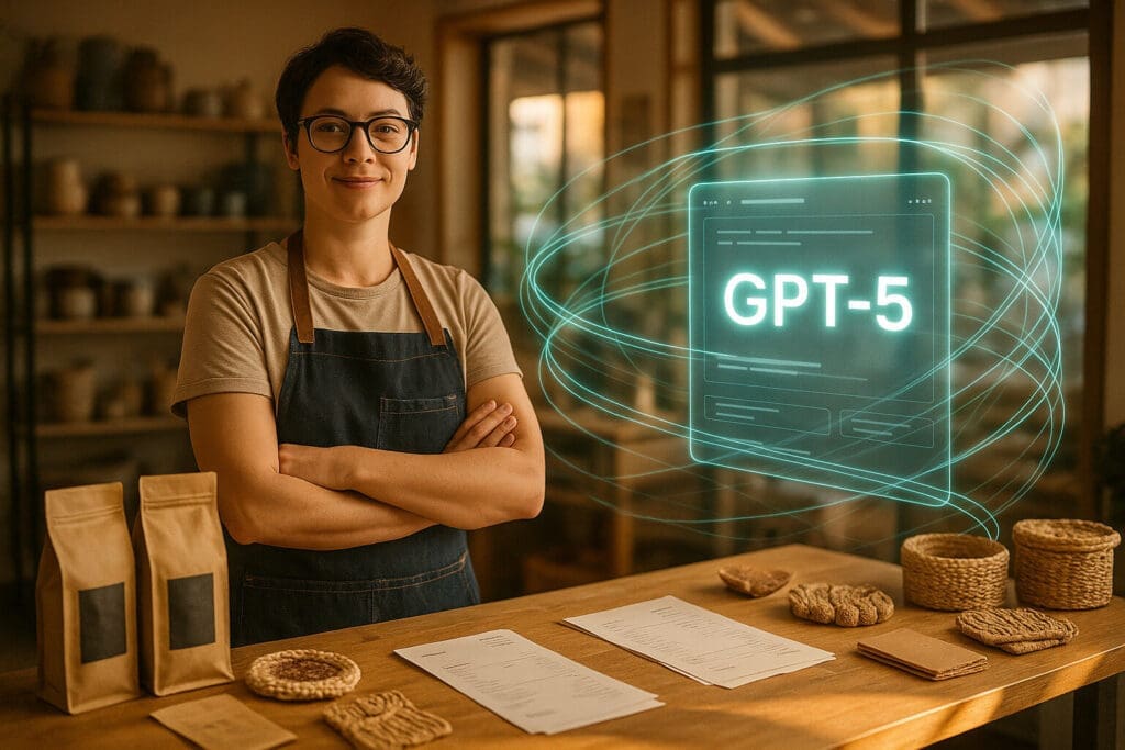 Confident small business owner using GPT-5 to streamline work Small business owner standing confidently at a handmade goods shop counter with digital GPT-5 interface floating nearby, symbolizing practical AI support.