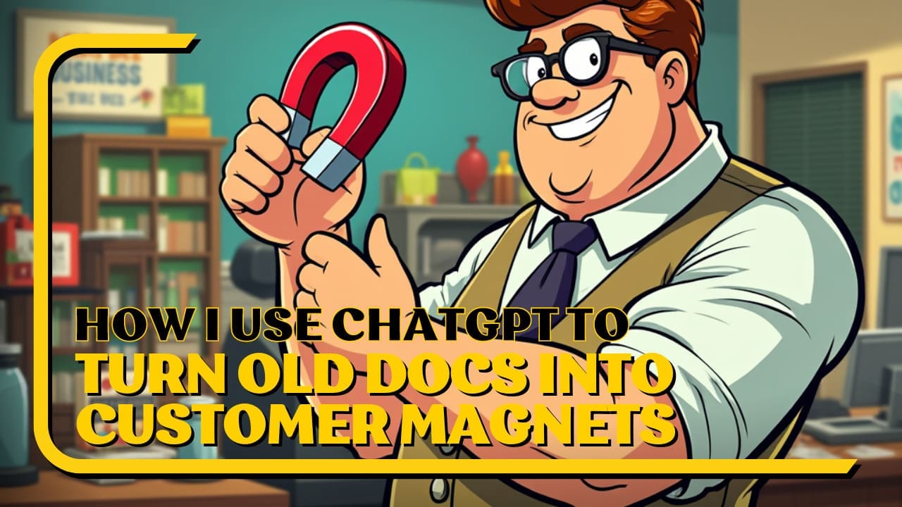 A man wearing glasses, a white shirt, and a tie is holding a large red magnet in an office environment. Text overlay reads, "How I Use ChatGPT To Turn Old Docs into Customer Magnets." The background shows office furniture and shelves with various items.