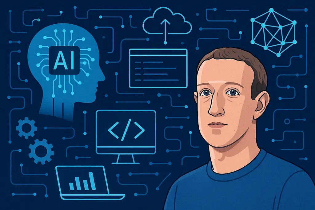 An illustrated man stands before digital icons—a brain labeled “AI,” code screens, a cloud upload, gears, and network nodes—symbolizing technology, software development, and artificial intelligence in a Zuckerberg-inspired style. An illustrated man stands before digital icons—a brain labeled “AI,” code screens, a cloud upload, gears, and network nodes—symbolizing technology, software development, and artificial intelligence in a Zuckerberg-inspired style.