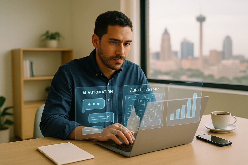 San Antonio small business owner using AI automation tools in a modern office with screens showing tasks, chatbots, and analytics.