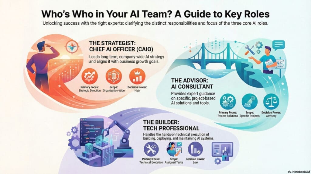 Illustrated comparison of the Chief AI Officer, AI consultant, and tech professional showing strategic leadership, project guidance, and technical execution within a business AI team.