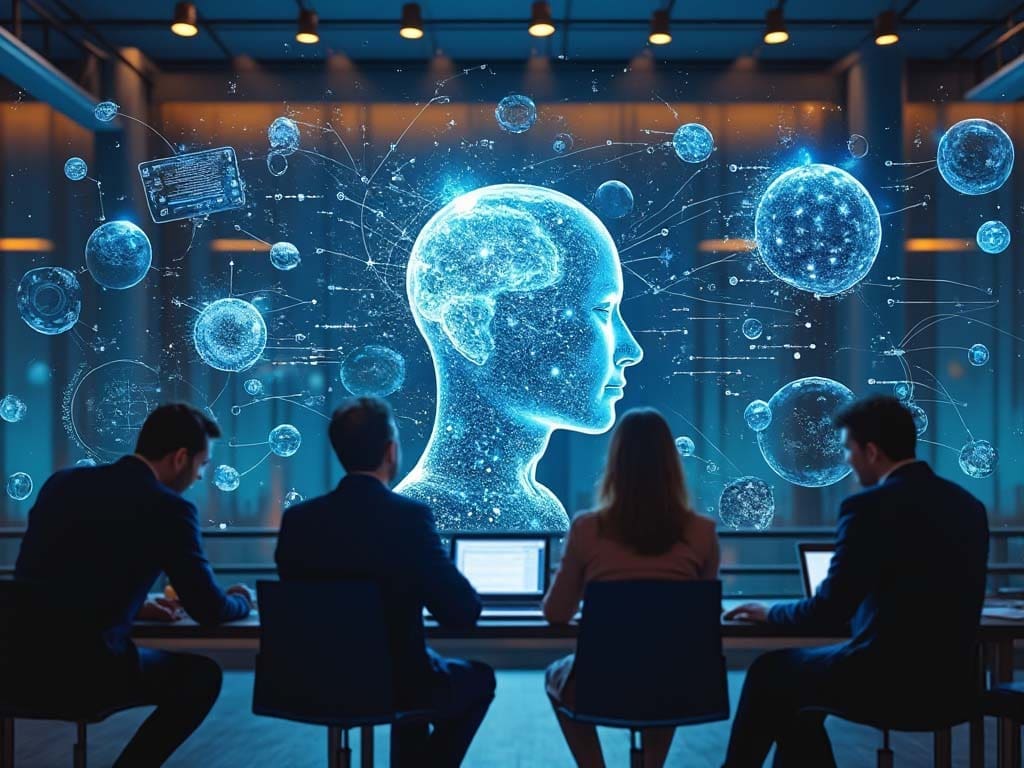 A group of four people sits at a table with laptops in a dark room. A large digital illustration of a human head and interconnected spheres is projected in front of them, symbolizing AI or a digital network.