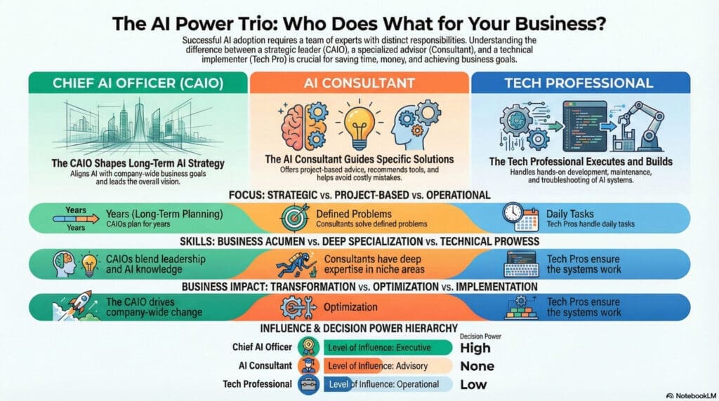 Infographic comparing the Chief AI Officer, AI consultant, and tech professional, showing their roles, skills, focus areas, and decision power in business AI adoption.