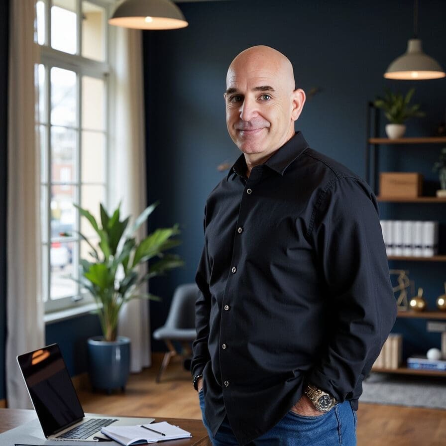 Professional consultant standing confidently in a modern office with navy walls, open laptop on desk, and warm natural light creating a focused, welcoming atmosphere.