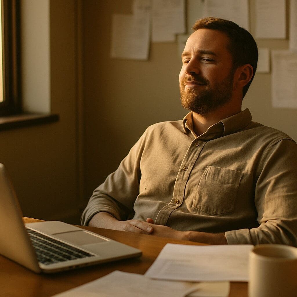 Small business owner sitting at his desk in warm afternoon light, relaxed and confident after finding clarity in his work.