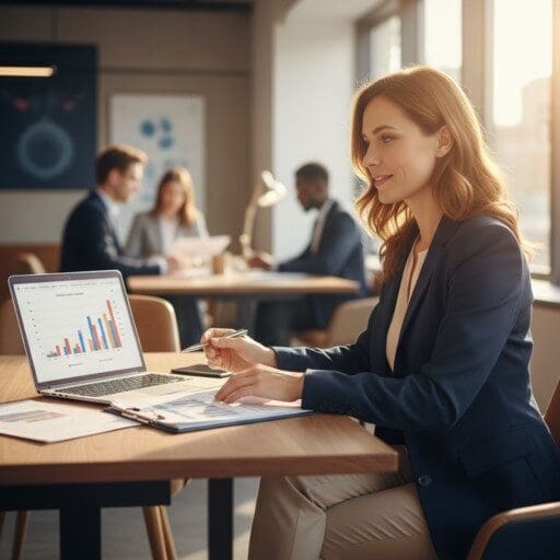 Confident Professional Reviewing AI-Driven Organizational Insights Professional woman reviewing organizational performance charts on her laptop in a bright, modern office with colleagues collaborating in the background.