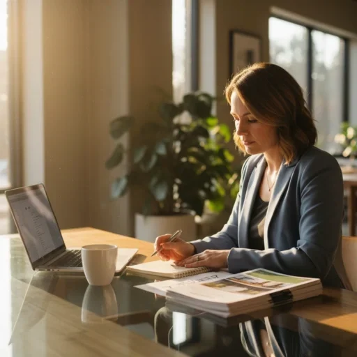Focused Realtor Reviewing Property Plans Realtor reviewing notes and property listings in a modern sunlit office with a laptop and coffee cup on the desk.