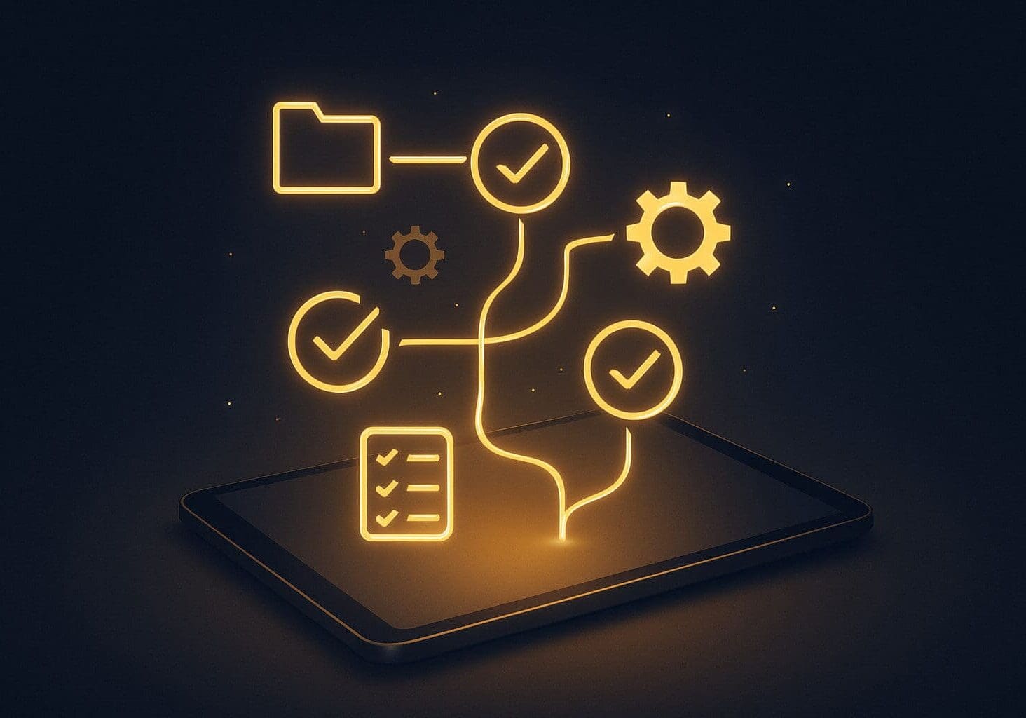 AI Workflow Audit for Small Business – Mini Automation Assessment Digital tablet glowing with golden AI workflow icons, gears, and checkmarks on a dark navy background, representing a small business automation audit and process optimization.