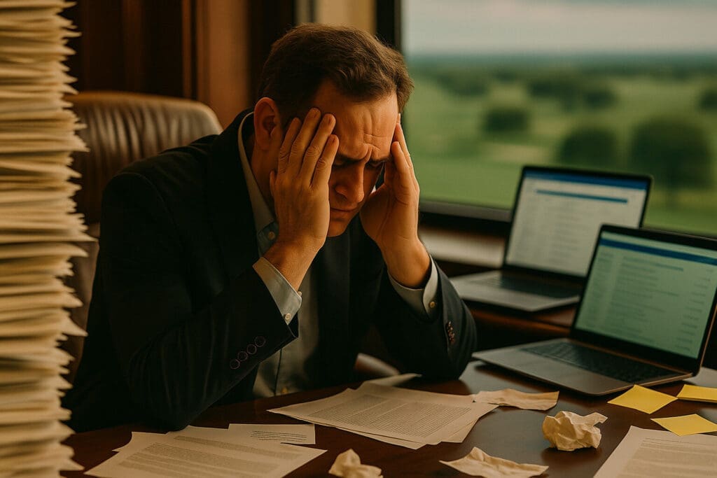 Frustrated business owner drowning in paperwork and emails