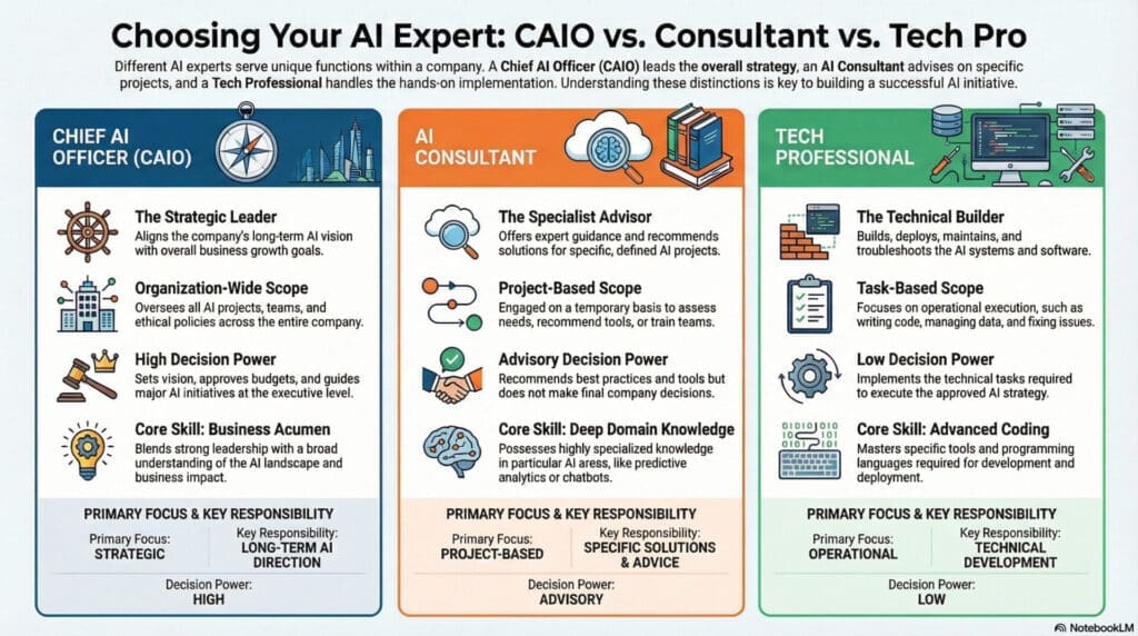 Infographic comparing a Chief AI Officer, an AI consultant, and a tech professional, showing differences in strategy, decision power, scope, and core skills for small business AI adoption.