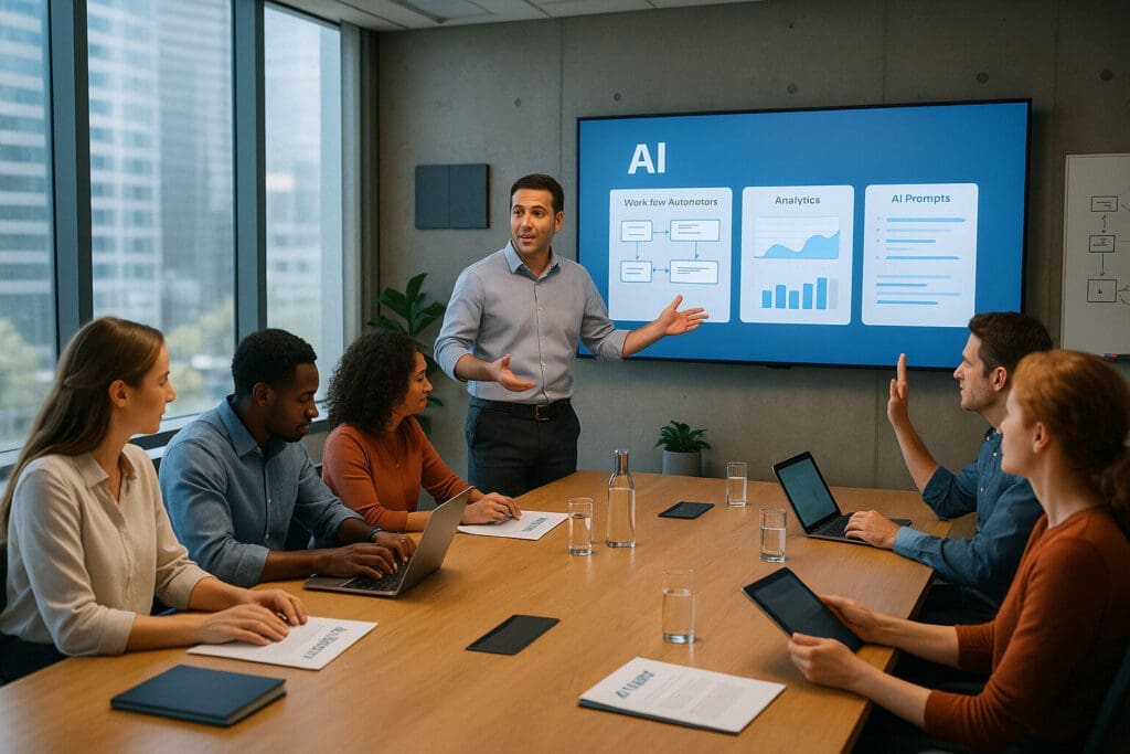 Business owner leading AI training session in a modern conference room with diverse, engaged employees using laptops and tablets