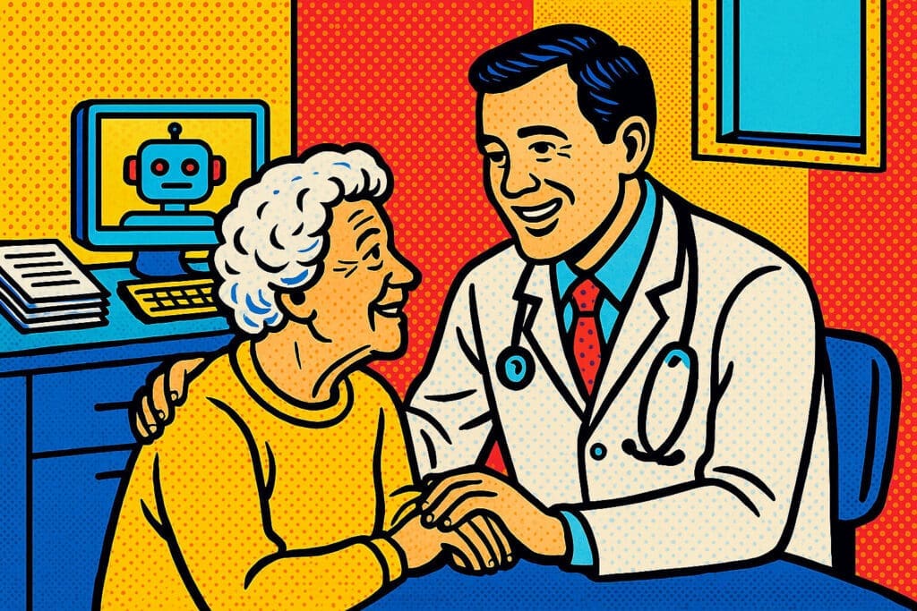 Doctor consulting a patient with AI assistant in the background
