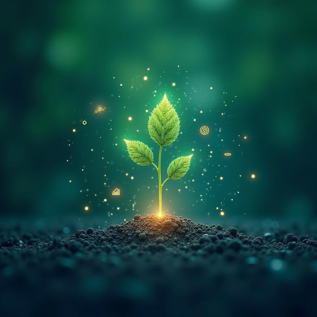 A glowing green plant with three leaves emerges from dark soil, surrounded by mystical floating symbols and sparkles against a blurred green background. The scene conveys a sense of magic and growth.