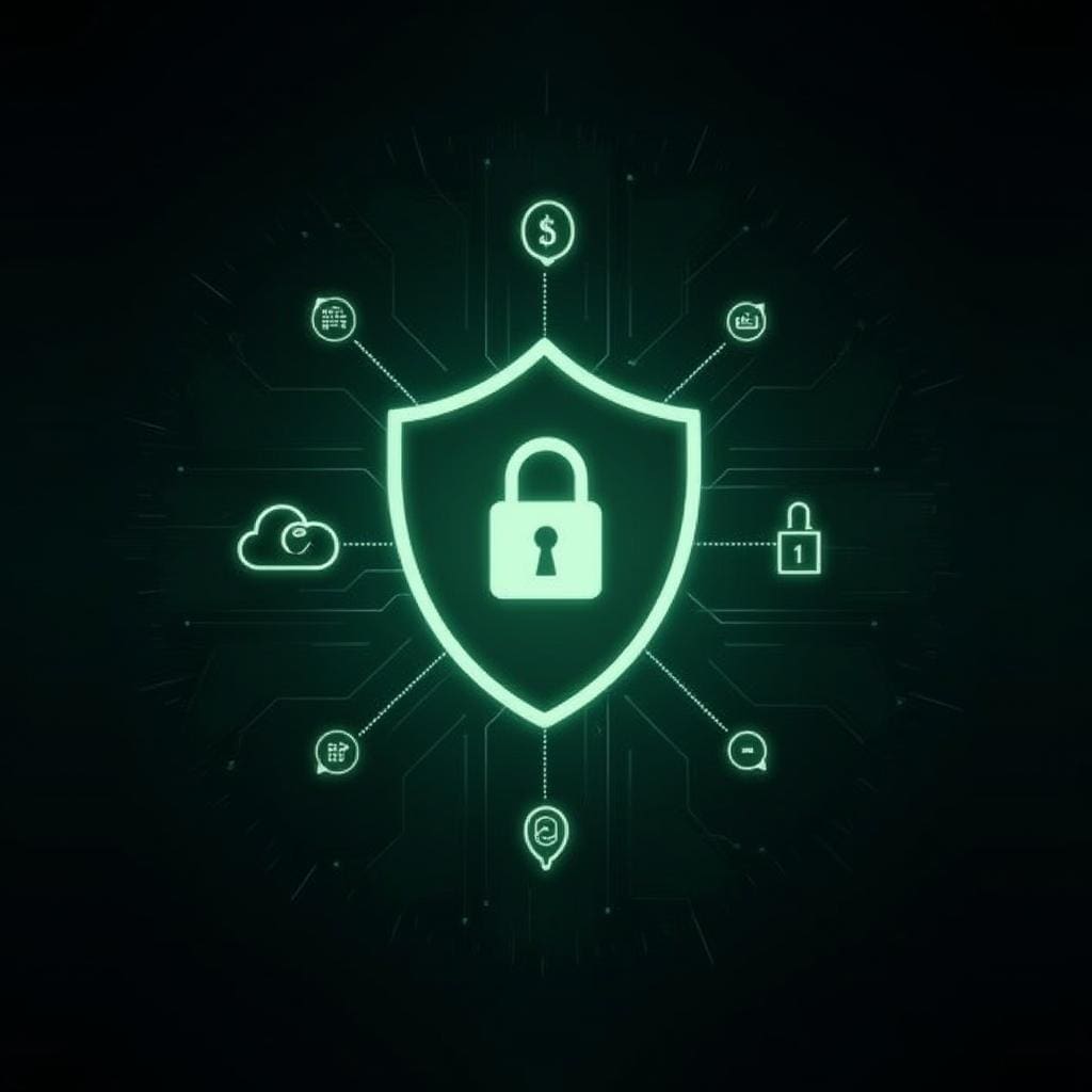 A digital graphic with a central shield containing a padlock icon, symbolizing security. Surrounding it are various icons, including a cloud, dollar sign, document, and magnifying glass, all connected, on a dark background.