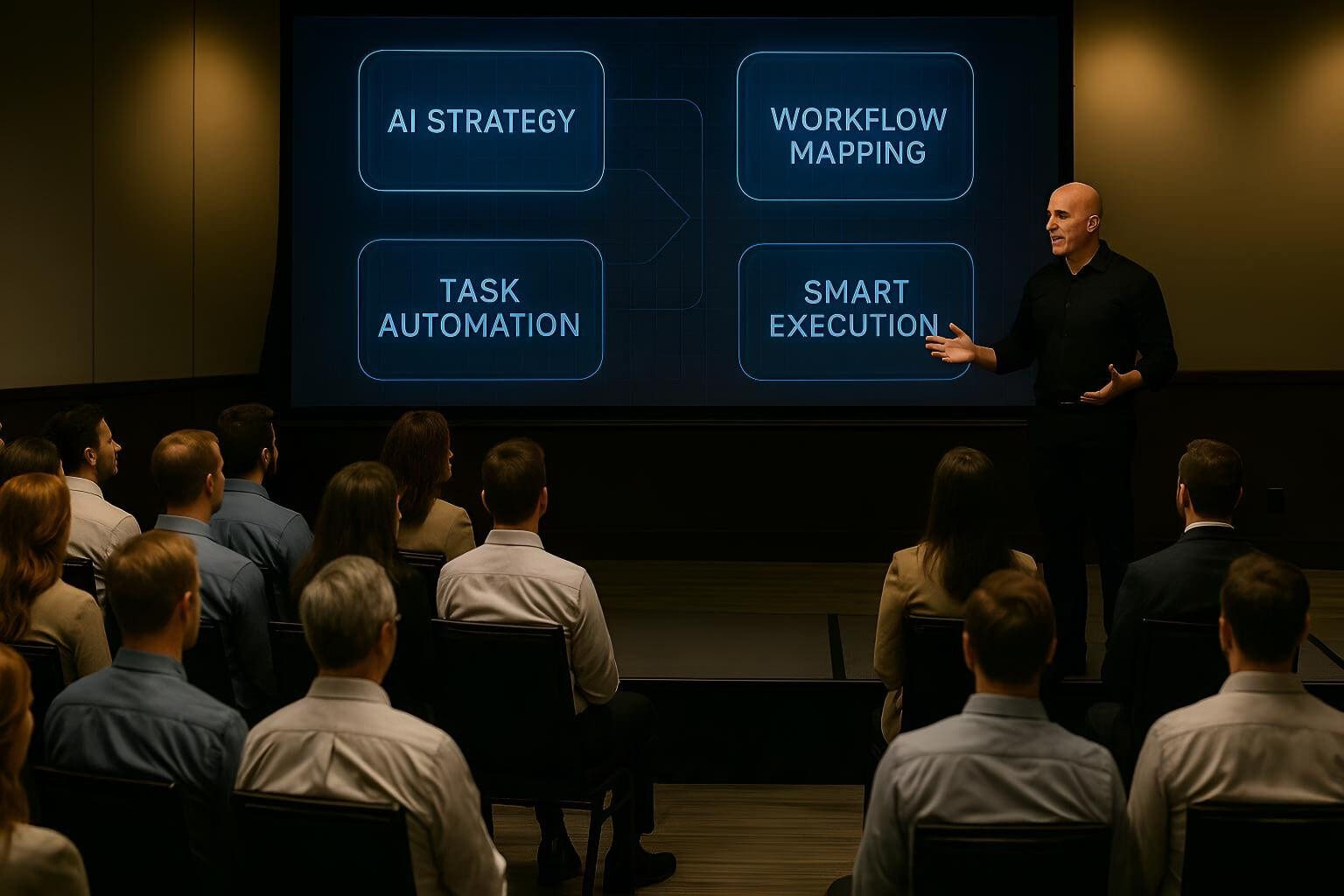 Brian Gibbs presenting AI strategy, workflow mapping, task automation, and smart execution to a room of small business leaders