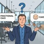 Business owner standing in an office with a confused expression, raising his hands while looking at two speech bubbles labeled Fractional CAIO and CAIO with a question mark above his head.