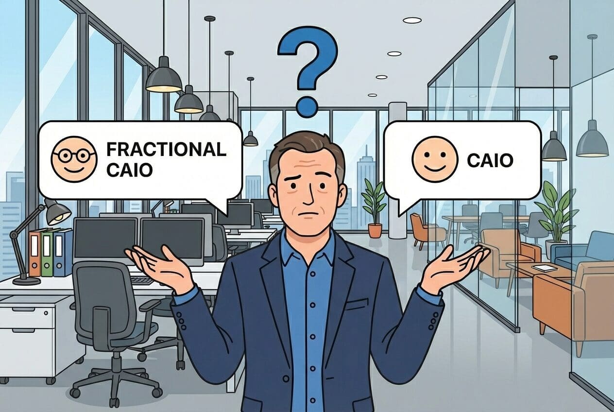 Business owner standing in an office with a confused expression, raising his hands while looking at two speech bubbles labeled Fractional CAIO and CAIO with a question mark above his head.