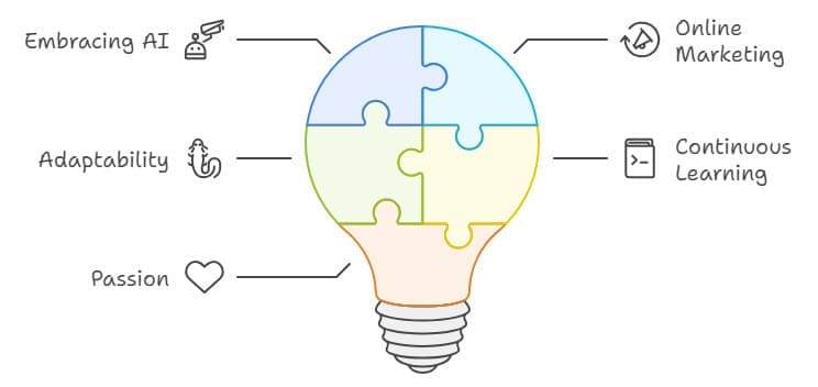 A light bulb graphic segmented into four puzzle pieces, each labeled differently: blue for "Online Marketing," yellow for "Continuous Learning," green for "Passion," and orange for "Adaptability." There is also a note "Embracing AI" beside the bulb.