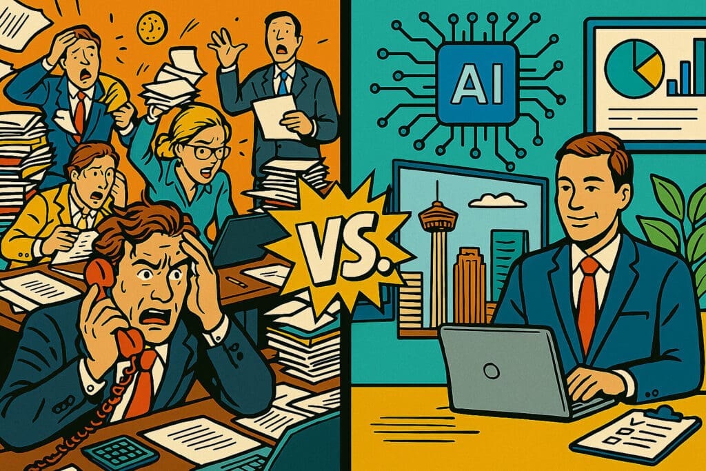 Comparison of chaotic office vs. efficient AI-powered workplace