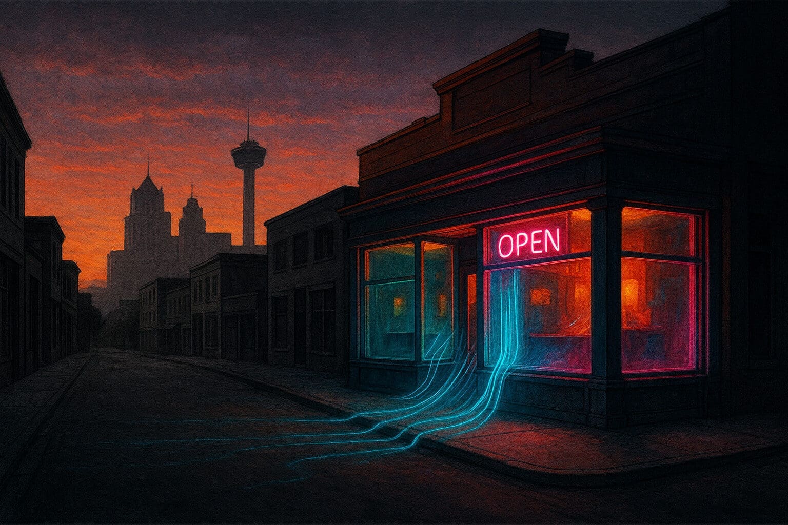 A glowing neon storefront in San Antonio with digital light streams flowing out, symbolizing AI automation running a small business.