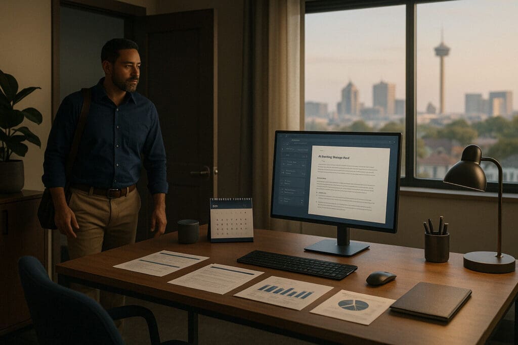 San Antonio business owner starting the day with AI-prepared tasks and reports