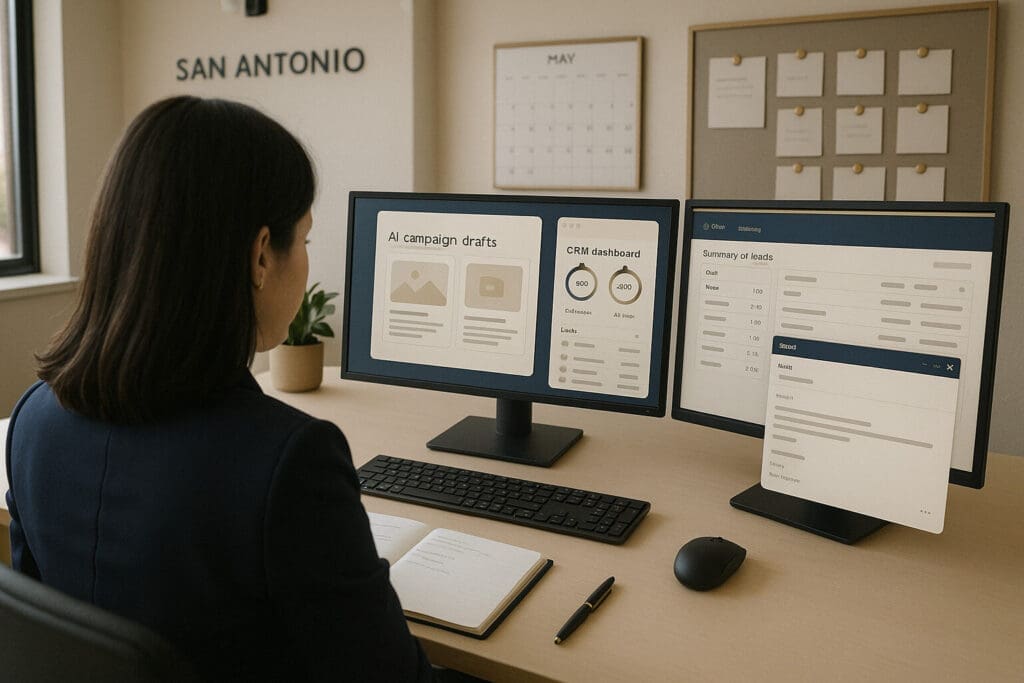 AI for San Antonio businesses shown supporting daily marketing, admin, and sales tasks