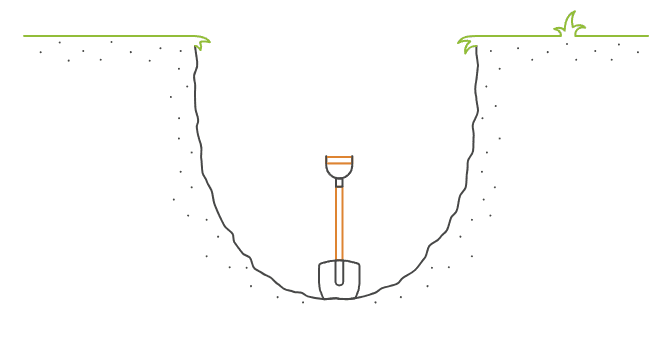 A simple drawing of a deep hole with a shovel standing upright at the bottom. The ground edges are lined with green grass, illustrating how Business AI Solutions in San Antonio can help save time by digging deeper for smarter results.
