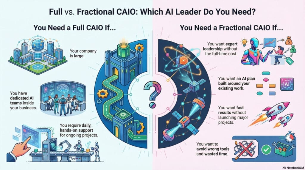 Infographic comparing when a company needs a full CAIO versus when it needs a fractional CAIO, with visuals showing large companies, AI teams, robots, satellites, rockets, and business icons.