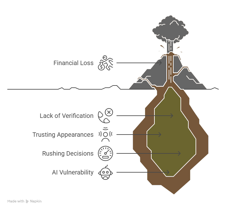 Deepfake risk assessment volcano diagram showing financial loss erupting at the surface with hidden causes below, including AI vulnerability, rushing decisions, trusting appearances, and lack of verification.
