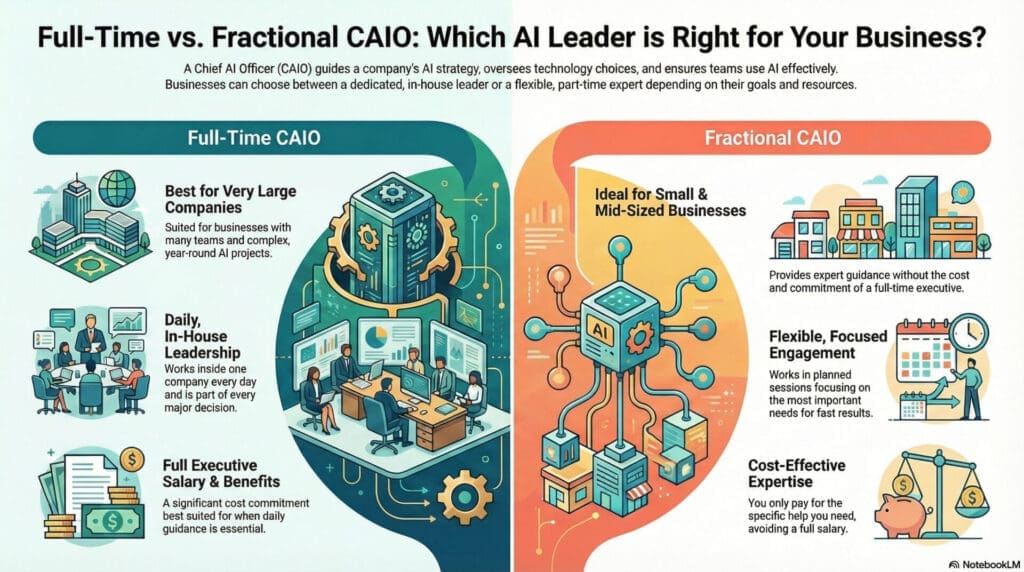 Infographic comparing a full time CAIO and a fractional CAIO. The full time CAIO side shows large buildings, daily leadership, and full executive salary. The fractional CAIO side shows small businesses, flexible sessions, and cost effective expert guidance.